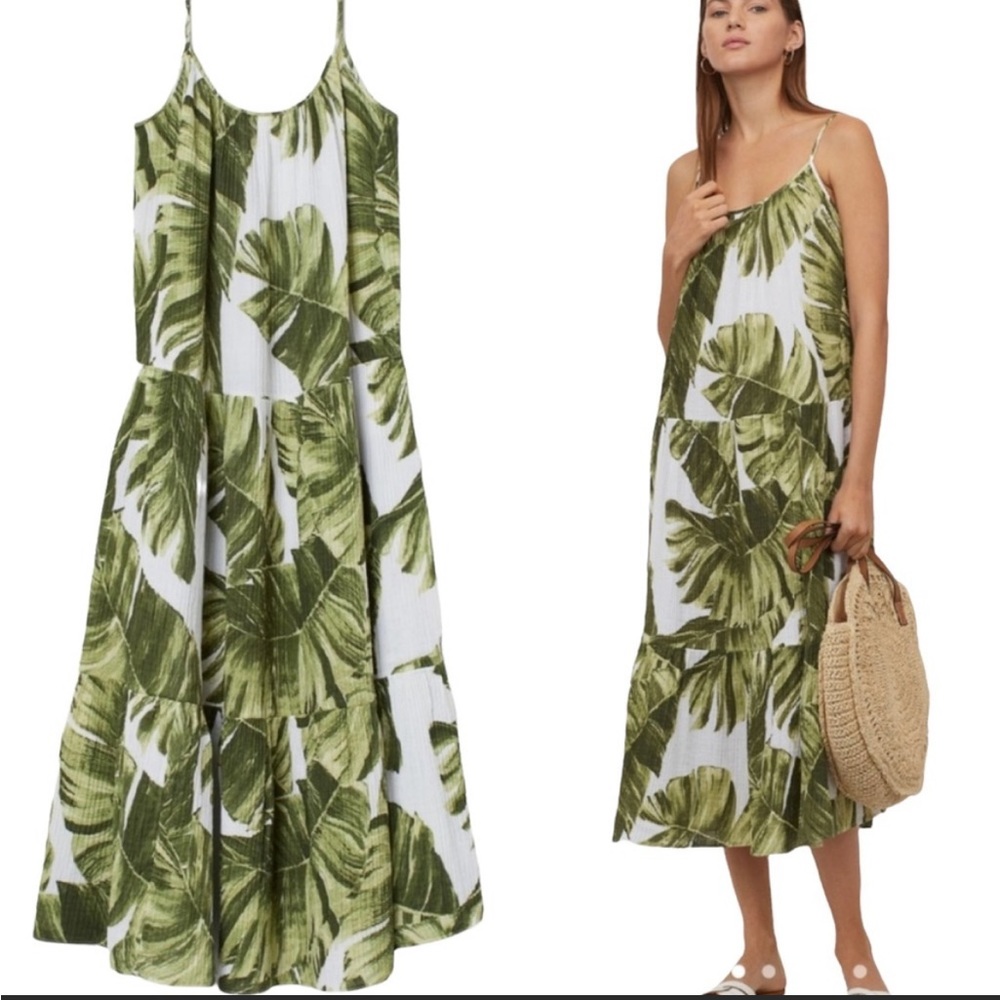 Summer Midi White Sundress Tropical Palm
Leaves Cotton Gauze Tiered  Extra Small
